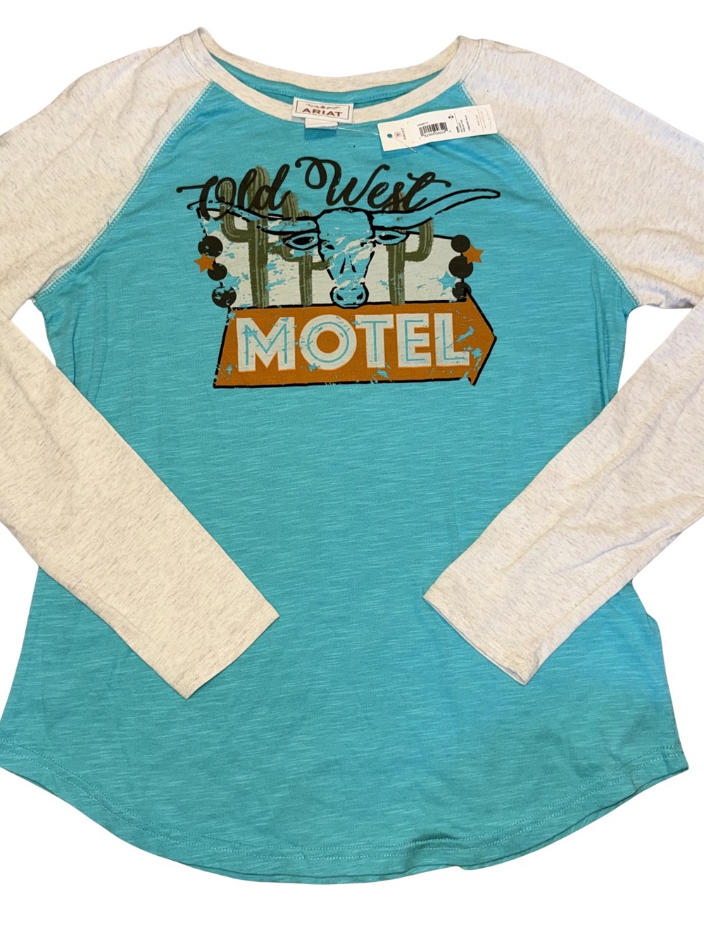 NWT Ariat Turquoise and Teal & Cream Old West Motel Raglan Tee M